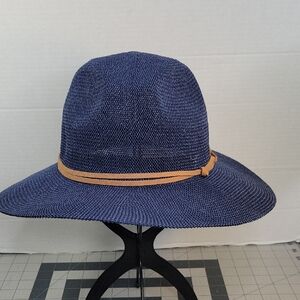 Blue Wide Brim Straw Sun Hat Tan Band Beach Vacation Hat